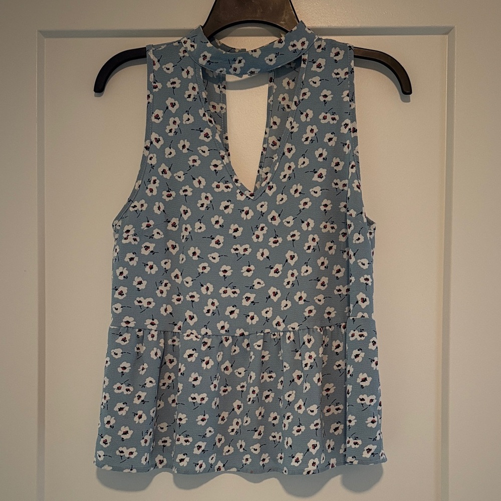 Blue Rain Floral Keyhole Blouse - Light Blue